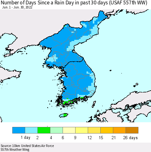 Korea Number of Days Since a Rain Day in past 30 days (USAF 557th WW) Thematic Map For 6/26/2022 - 6/30/2022
