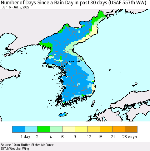 Korea Number of Days Since a Rain Day in past 30 days (USAF 557th WW) Thematic Map For 7/1/2022 - 7/5/2022