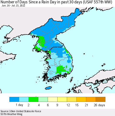 Korea Number of Days Since a Rain Day in past 30 days (USAF 557th WW) Thematic Map For 7/11/2022 - 7/15/2022