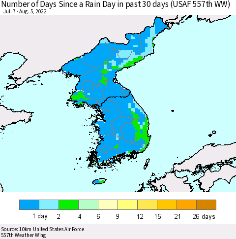 Korea Number of Days Since a Rain Day in past 30 days (USAF 557th WW) Thematic Map For 8/1/2022 - 8/5/2022