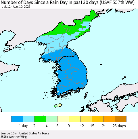 Korea Number of Days Since a Rain Day in past 30 days (USAF 557th WW) Thematic Map For 8/6/2022 - 8/10/2022