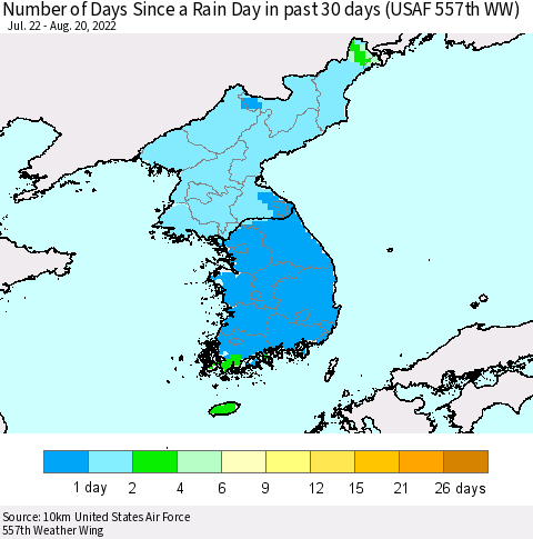Korea Number of Days Since a Rain Day in past 30 days (USAF 557th WW) Thematic Map For 8/16/2022 - 8/20/2022
