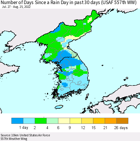 Korea Number of Days Since a Rain Day in past 30 days (USAF 557th WW) Thematic Map For 8/21/2022 - 8/25/2022