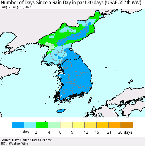 Korea Number of Days Since a Rain Day in past 30 days (USAF 557th WW) Thematic Map For 8/26/2022 - 8/31/2022