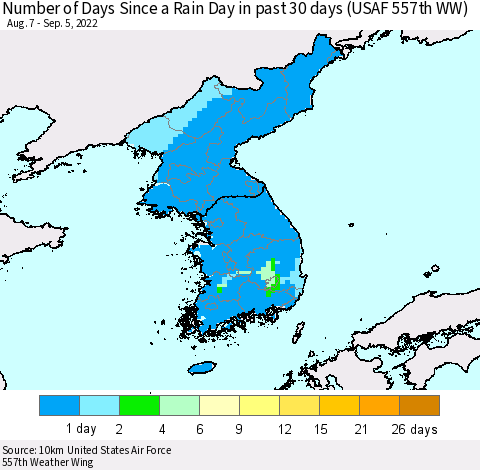 Korea Number of Days Since a Rain Day in past 30 days (USAF 557th WW) Thematic Map For 9/1/2022 - 9/5/2022