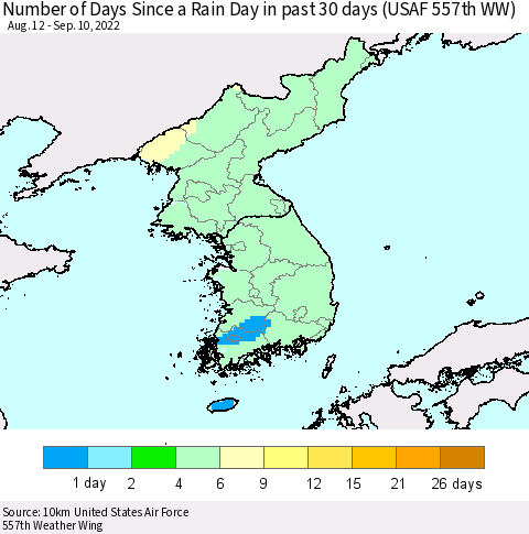 Korea Number of Days Since a Rain Day in past 30 days (USAF 557th WW) Thematic Map For 9/6/2022 - 9/10/2022