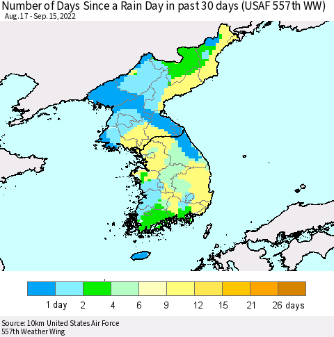 Korea Number of Days Since a Rain Day in past 30 days (USAF 557th WW) Thematic Map For 9/11/2022 - 9/15/2022