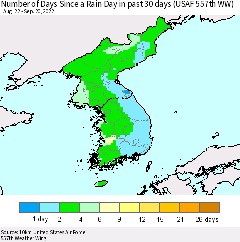 Korea Number of Days Since a Rain Day in past 30 days (USAF 557th WW) Thematic Map For 9/16/2022 - 9/20/2022