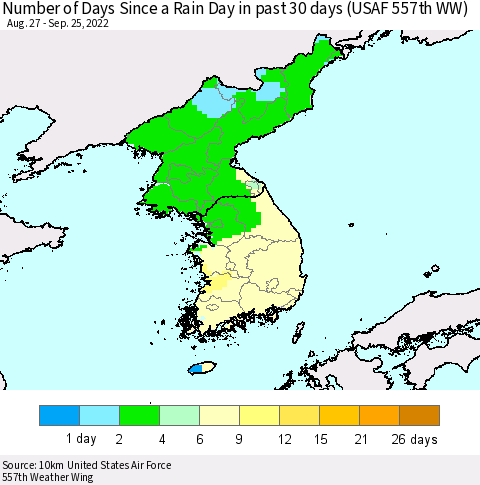 Korea Number of Days Since a Rain Day in past 30 days (USAF 557th WW) Thematic Map For 9/21/2022 - 9/25/2022