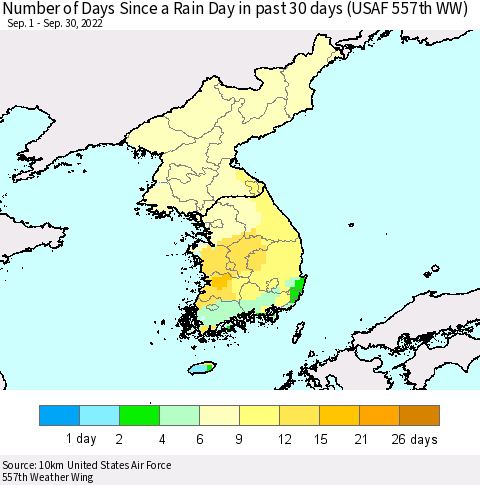Korea Number of Days Since a Rain Day in past 30 days (USAF 557th WW) Thematic Map For 9/26/2022 - 9/30/2022