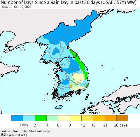 Korea Number of Days Since a Rain Day in past 30 days (USAF 557th WW) Thematic Map For 10/6/2022 - 10/10/2022