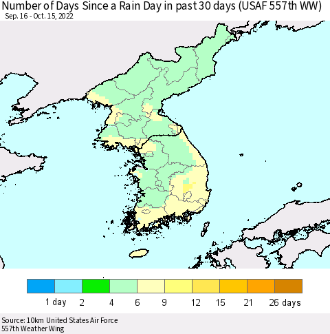 Korea Number of Days Since a Rain Day in past 30 days (USAF 557th WW) Thematic Map For 10/11/2022 - 10/15/2022
