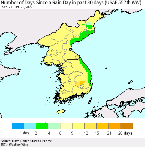 Korea Number of Days Since a Rain Day in past 30 days (USAF 557th WW) Thematic Map For 10/16/2022 - 10/20/2022