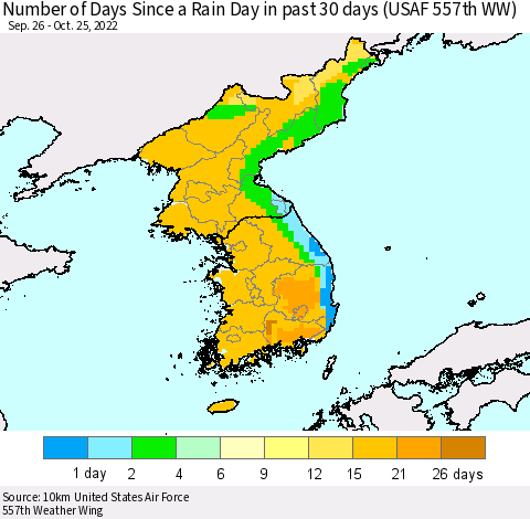 Korea Number of Days Since a Rain Day in past 30 days (USAF 557th WW) Thematic Map For 10/21/2022 - 10/25/2022