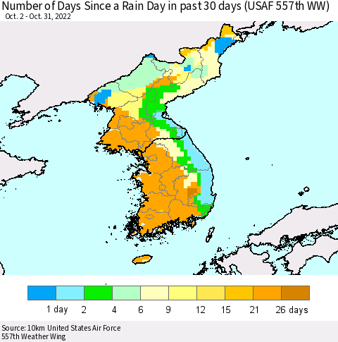 Korea Number of Days Since a Rain Day in past 30 days (USAF 557th WW) Thematic Map For 10/26/2022 - 10/31/2022