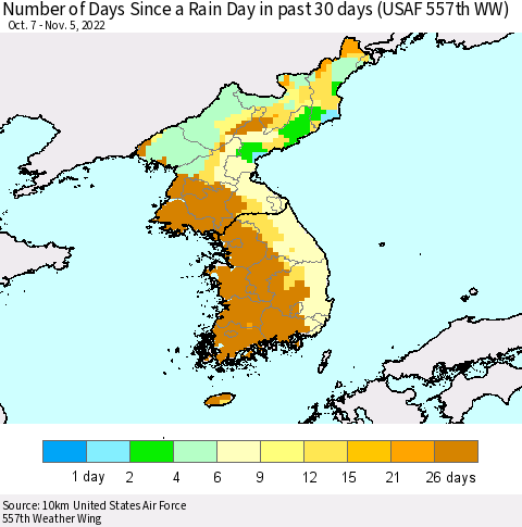 Korea Number of Days Since a Rain Day in past 30 days (USAF 557th WW) Thematic Map For 11/1/2022 - 11/5/2022
