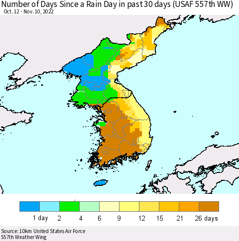 Korea Number of Days Since a Rain Day in past 30 days (USAF 557th WW) Thematic Map For 11/6/2022 - 11/10/2022