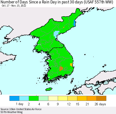 Korea Number of Days Since a Rain Day in past 30 days (USAF 557th WW) Thematic Map For 11/11/2022 - 11/15/2022