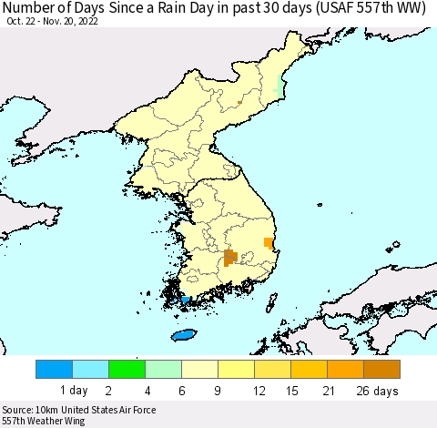 Korea Number of Days Since a Rain Day in past 30 days (USAF 557th WW) Thematic Map For 11/16/2022 - 11/20/2022