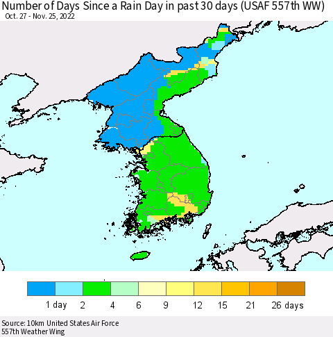 Korea Number of Days Since a Rain Day in past 30 days (USAF 557th WW) Thematic Map For 11/21/2022 - 11/25/2022