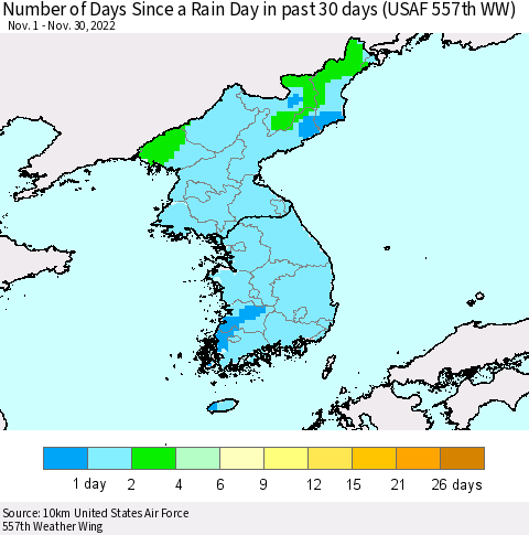 Korea Number of Days Since a Rain Day in past 30 days (USAF 557th WW) Thematic Map For 11/26/2022 - 11/30/2022