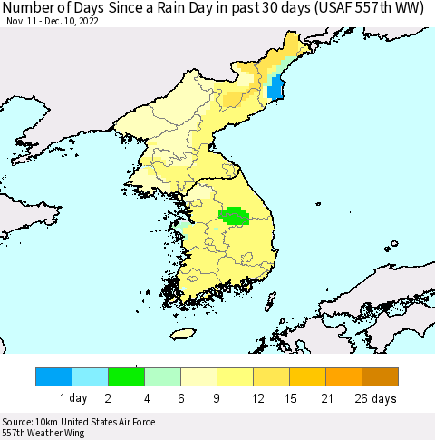 Korea Number of Days Since a Rain Day in past 30 days (USAF 557th WW) Thematic Map For 12/6/2022 - 12/10/2022