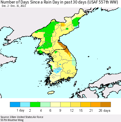 Korea Number of Days Since a Rain Day in past 30 days (USAF 557th WW) Thematic Map For 12/26/2022 - 12/31/2022