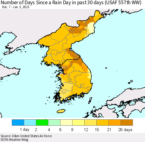 Korea Number of Days Since a Rain Day in past 30 days (USAF 557th WW) Thematic Map For 1/1/2023 - 1/5/2023