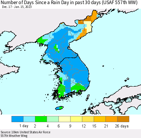 Korea Number of Days Since a Rain Day in past 30 days (USAF 557th WW) Thematic Map For 1/11/2023 - 1/15/2023