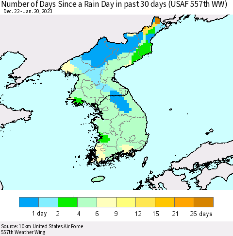 Korea Number of Days Since a Rain Day in past 30 days (USAF 557th WW) Thematic Map For 1/16/2023 - 1/20/2023
