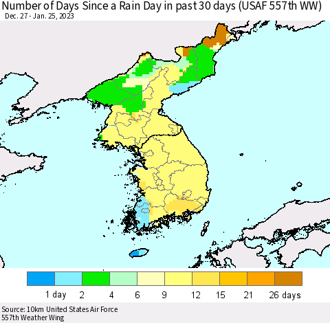 Korea Number of Days Since a Rain Day in past 30 days (USAF 557th WW) Thematic Map For 1/21/2023 - 1/25/2023