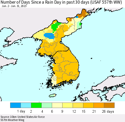 Korea Number of Days Since a Rain Day in past 30 days (USAF 557th WW) Thematic Map For 1/26/2023 - 1/31/2023