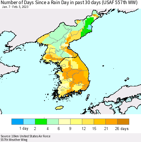 Korea Number of Days Since a Rain Day in past 30 days (USAF 557th WW) Thematic Map For 2/1/2023 - 2/5/2023