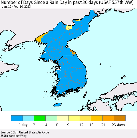Korea Number of Days Since a Rain Day in past 30 days (USAF 557th WW) Thematic Map For 2/6/2023 - 2/10/2023