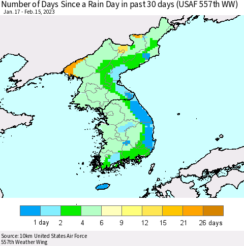 Korea Number of Days Since a Rain Day in past 30 days (USAF 557th WW) Thematic Map For 2/11/2023 - 2/15/2023