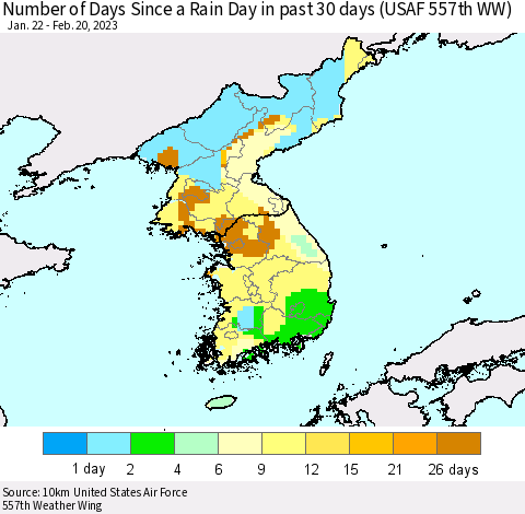 Korea Number of Days Since a Rain Day in past 30 days (USAF 557th WW) Thematic Map For 2/16/2023 - 2/20/2023