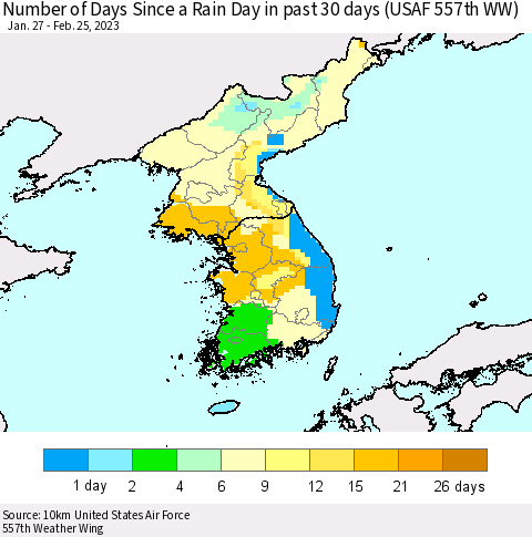 Korea Number of Days Since a Rain Day in past 30 days (USAF 557th WW) Thematic Map For 2/21/2023 - 2/25/2023