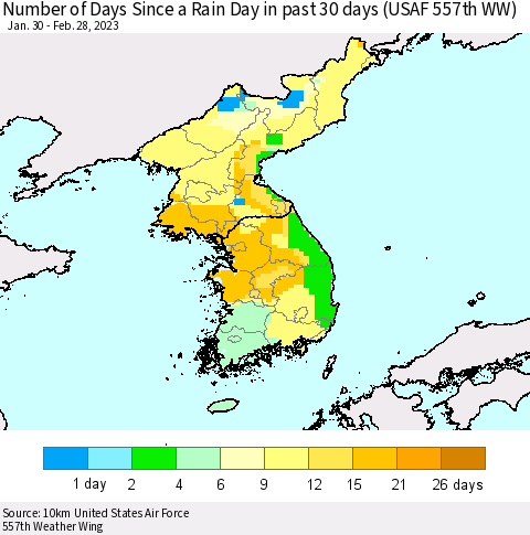 Korea Number of Days Since a Rain Day in past 30 days (USAF 557th WW) Thematic Map For 2/26/2023 - 2/28/2023