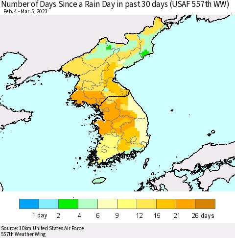 Korea Number of Days Since a Rain Day in past 30 days (USAF 557th WW) Thematic Map For 3/1/2023 - 3/5/2023