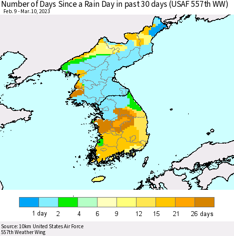 Korea Number of Days Since a Rain Day in past 30 days (USAF 557th WW) Thematic Map For 3/6/2023 - 3/10/2023