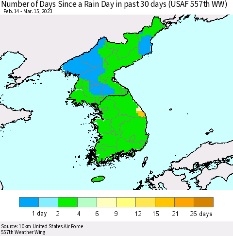 Korea Number of Days Since a Rain Day in past 30 days (USAF 557th WW) Thematic Map For 3/11/2023 - 3/15/2023