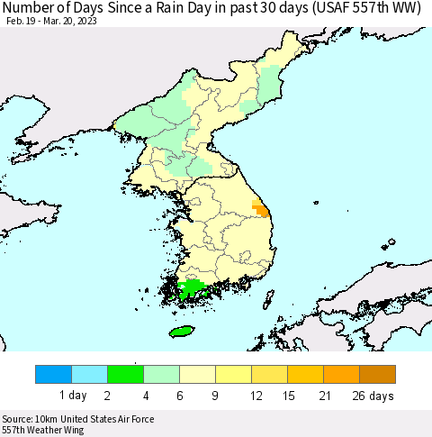 Korea Number of Days Since a Rain Day in past 30 days (USAF 557th WW) Thematic Map For 3/16/2023 - 3/20/2023