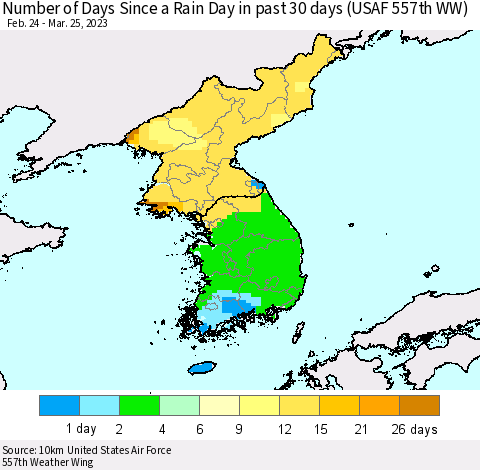 Korea Number of Days Since a Rain Day in past 30 days (USAF 557th WW) Thematic Map For 3/21/2023 - 3/25/2023