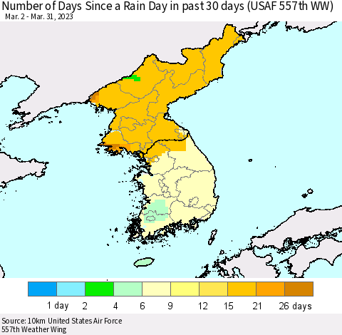 Korea Number of Days Since a Rain Day in past 30 days (USAF 557th WW) Thematic Map For 3/26/2023 - 3/31/2023