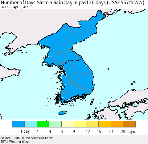 Korea Number of Days Since a Rain Day in past 30 days (USAF 557th WW) Thematic Map For 4/1/2023 - 4/5/2023