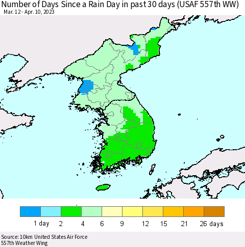 Korea Number of Days Since a Rain Day in past 30 days (USAF 557th WW) Thematic Map For 4/6/2023 - 4/10/2023