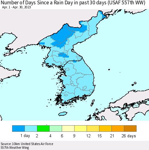 Korea Number of Days Since a Rain Day in past 30 days (USAF 557th WW) Thematic Map For 4/26/2023 - 4/30/2023