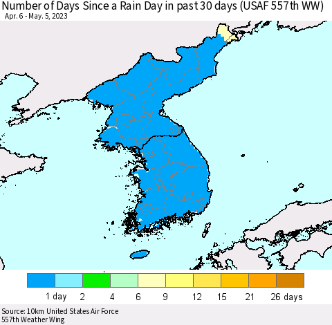 Korea Number of Days Since a Rain Day in past 30 days (USAF 557th WW) Thematic Map For 5/1/2023 - 5/5/2023