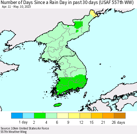 Korea Number of Days Since a Rain Day in past 30 days (USAF 557th WW) Thematic Map For 5/6/2023 - 5/10/2023