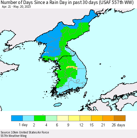 Korea Number of Days Since a Rain Day in past 30 days (USAF 557th WW) Thematic Map For 5/16/2023 - 5/20/2023